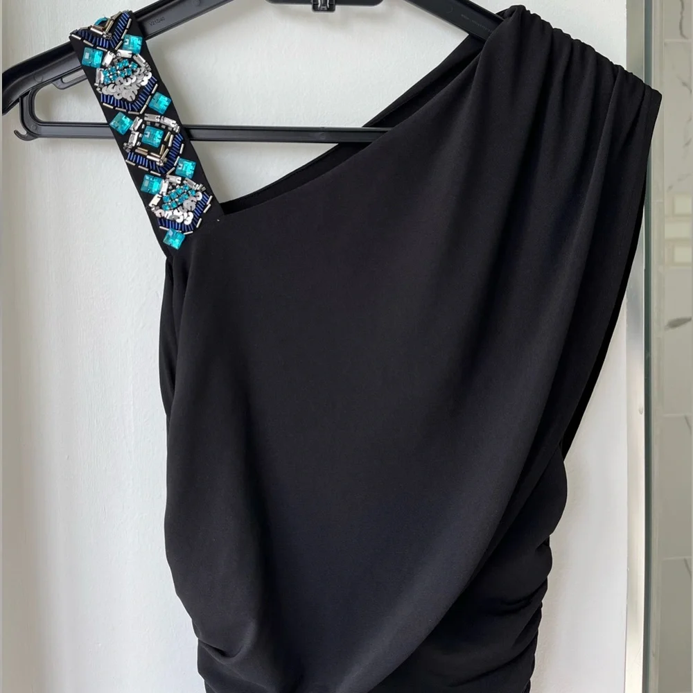 Marciano Knee Length Black One Shoulder Embellished Strap Bodycon Dress - Picture 2 of 14